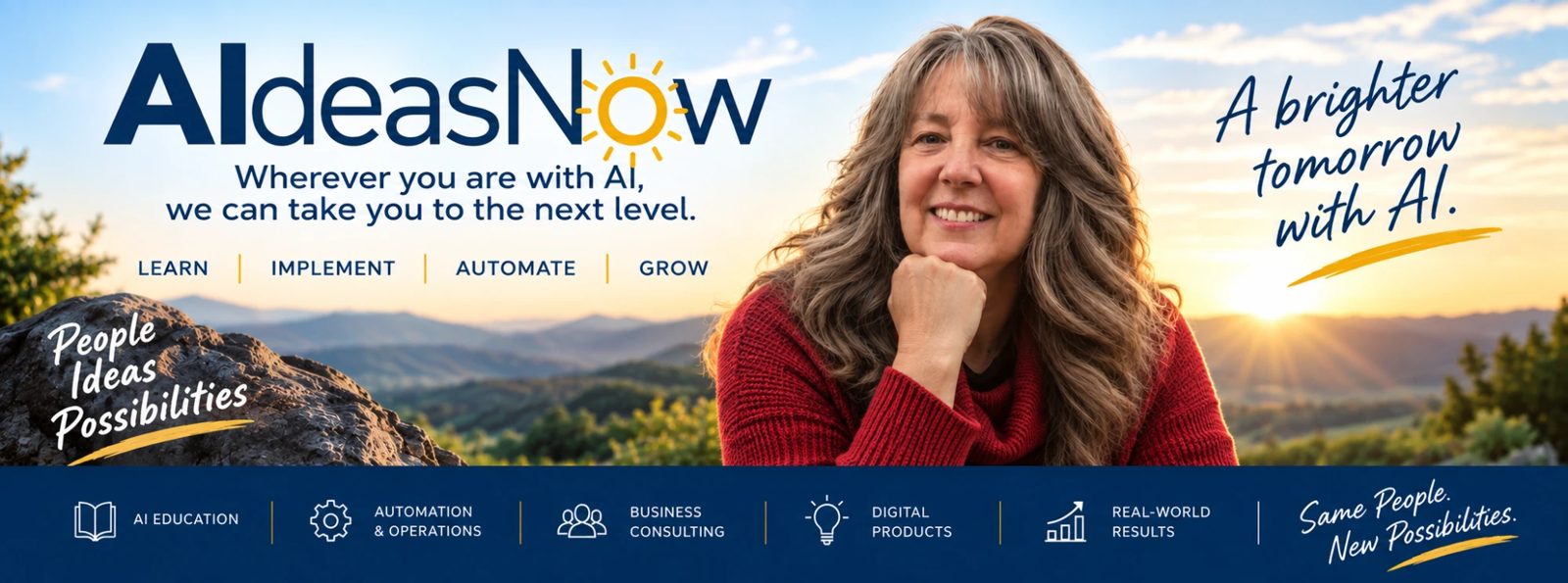 AIdeasNow banner: Wherever you are with AI, we can take you to the next level. Learn, implement, automate, grow.