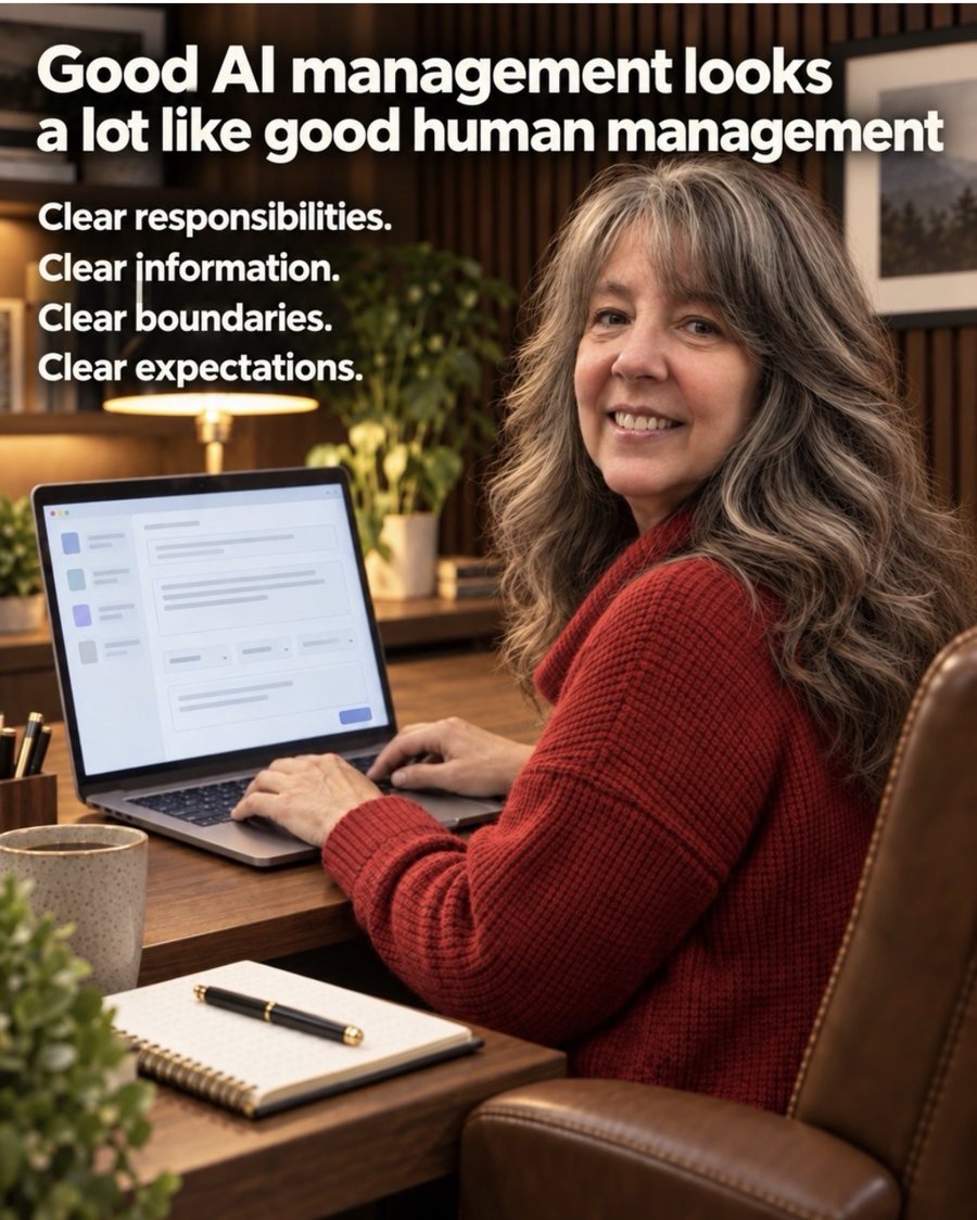 Elizabeth Sunshine at her laptop. Text: Good AI management looks a lot like good human management. Clear responsibilities. Clear information. Clear boundaries. Clear expectations.