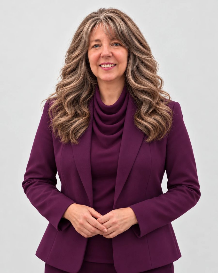 Elizabeth Sunshine in a plum suit, smiling