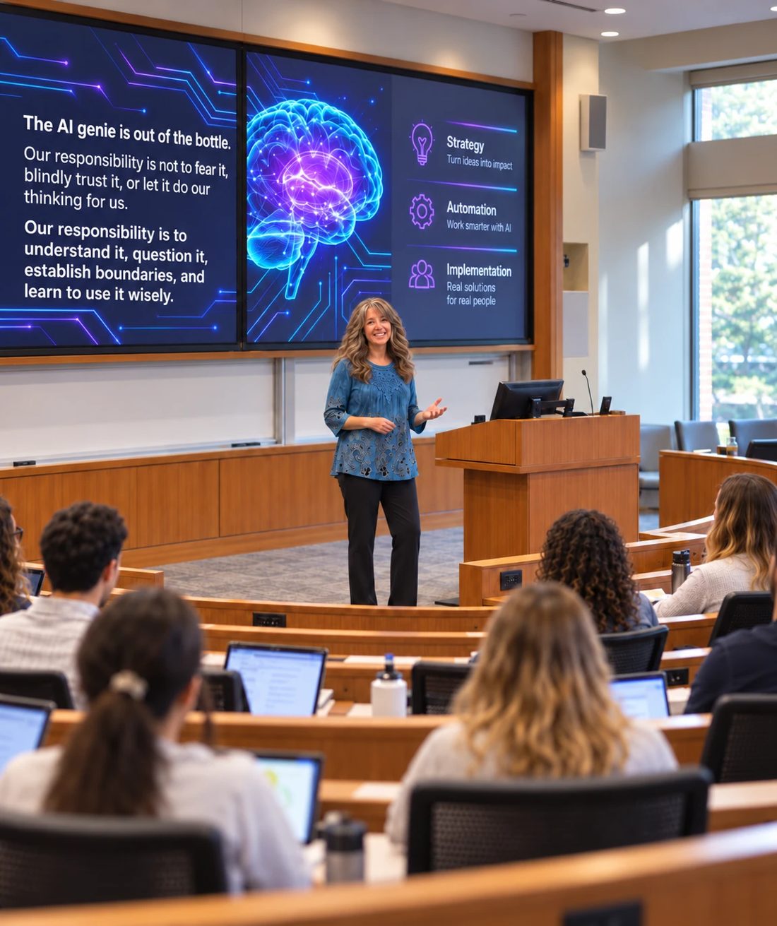 Elizabeth Sunshine presenting on AI to a lecture hall of students